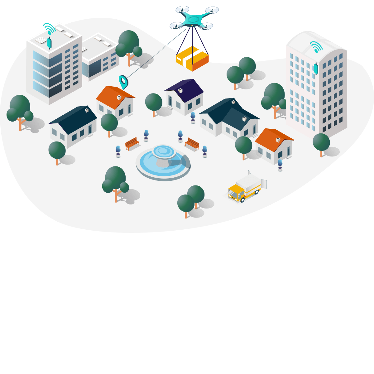 an illustration of a residential area with a drone set above it