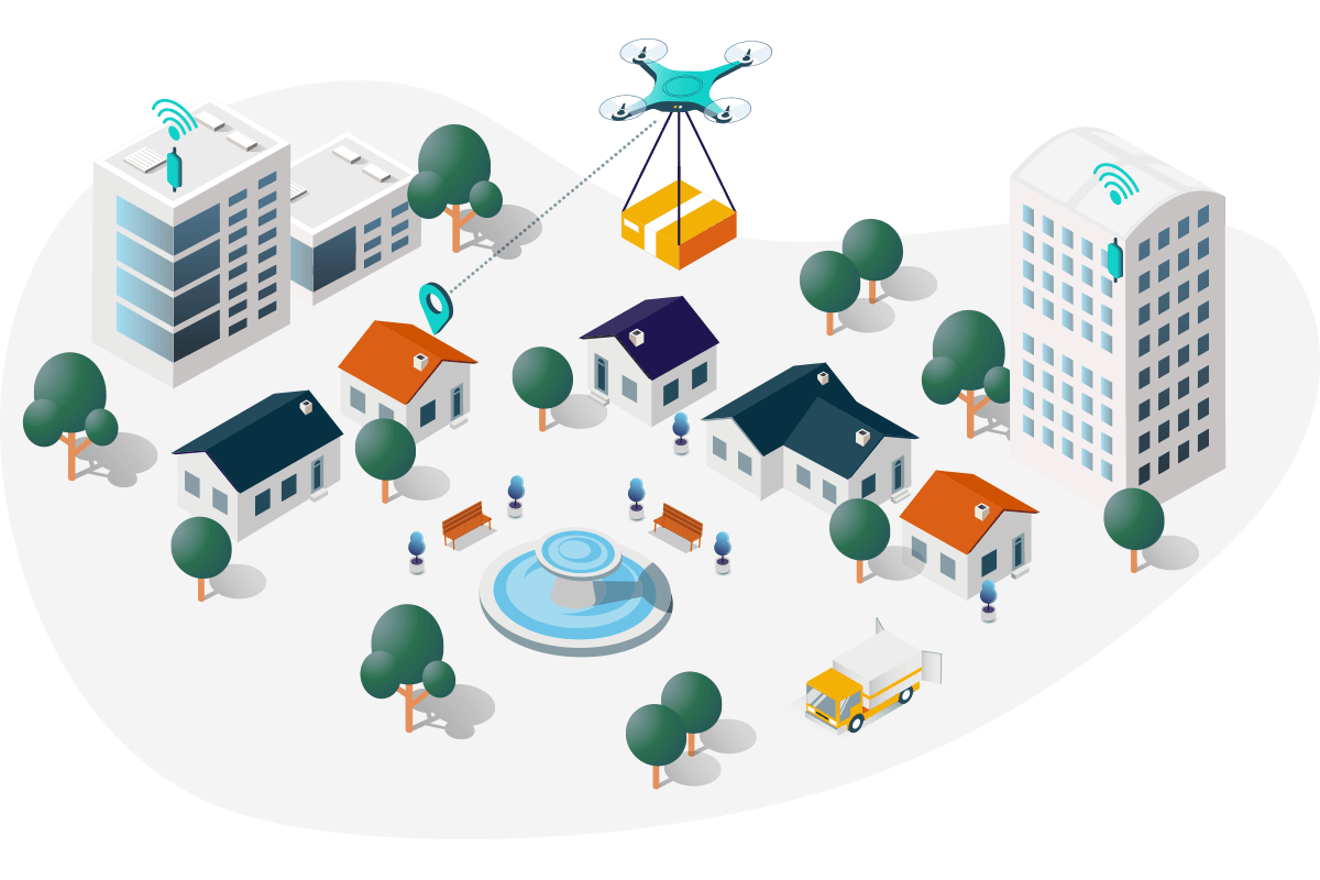 an illustration of a residential area with a drone set above it